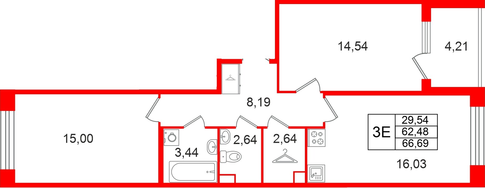 Квартира в ЖК Дом на Курской, 2 комнатная, 62.48 м², 2 этаж