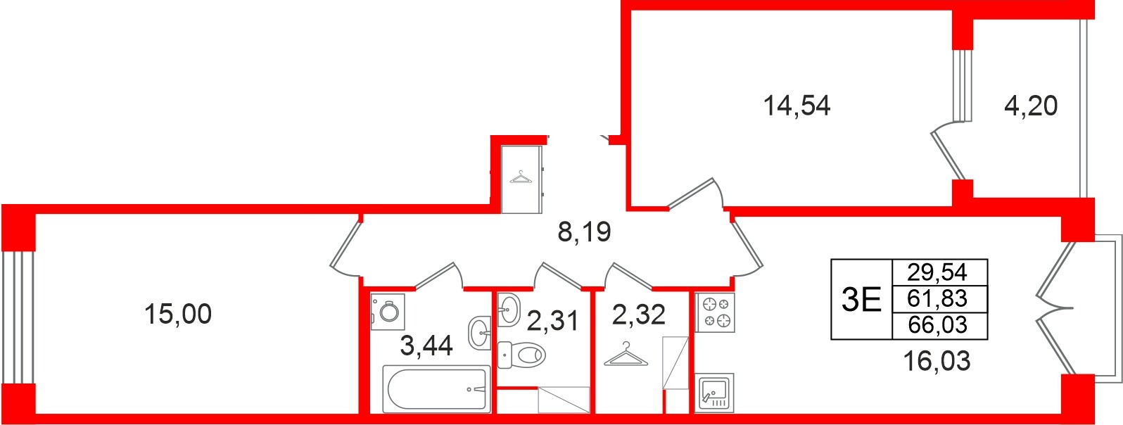 Квартира в ЖК Дом на Курской, 2 комнатная, 61.83 м², 3 этаж