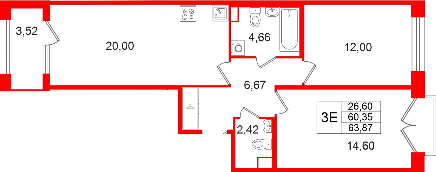 Квартира в ЖК Дом на Курской, 2 комнатная, 60.35 м², 3 этаж