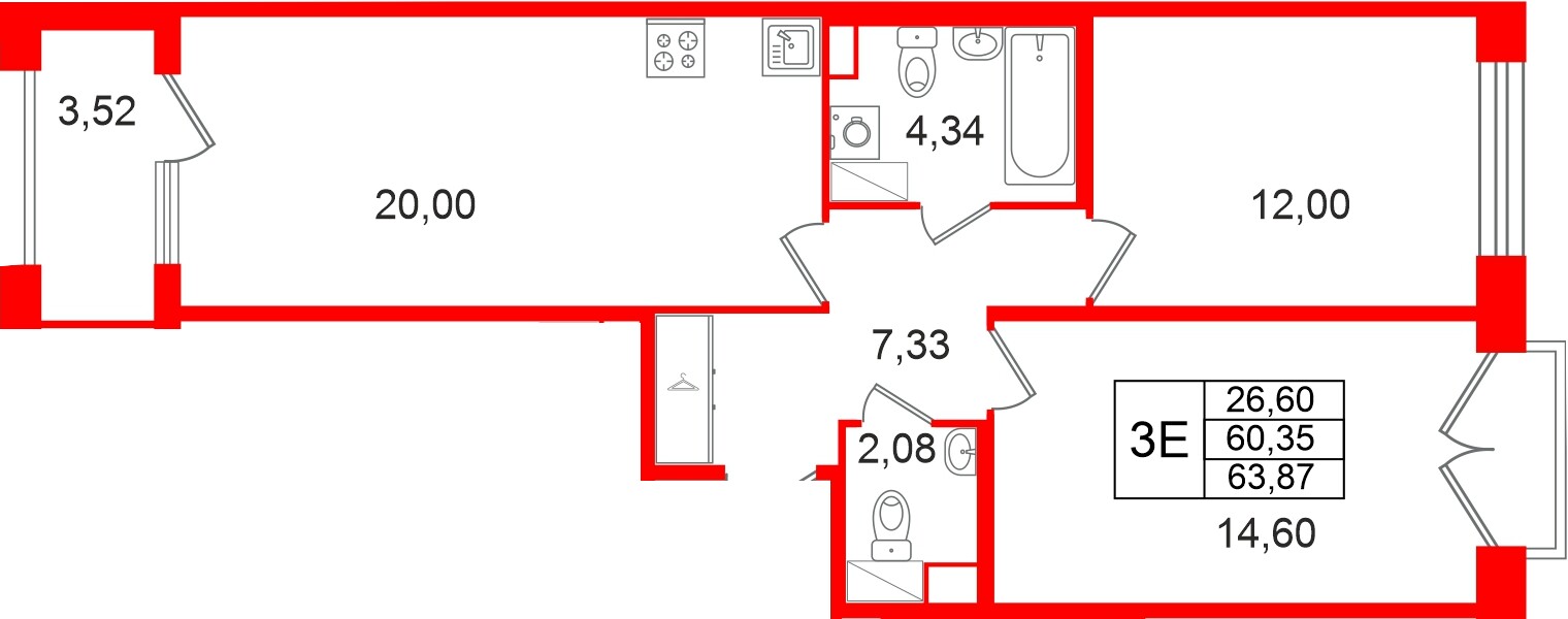 Квартира в ЖК Дом на Курской, 2 комнатная, 60.35 м², 5 этаж