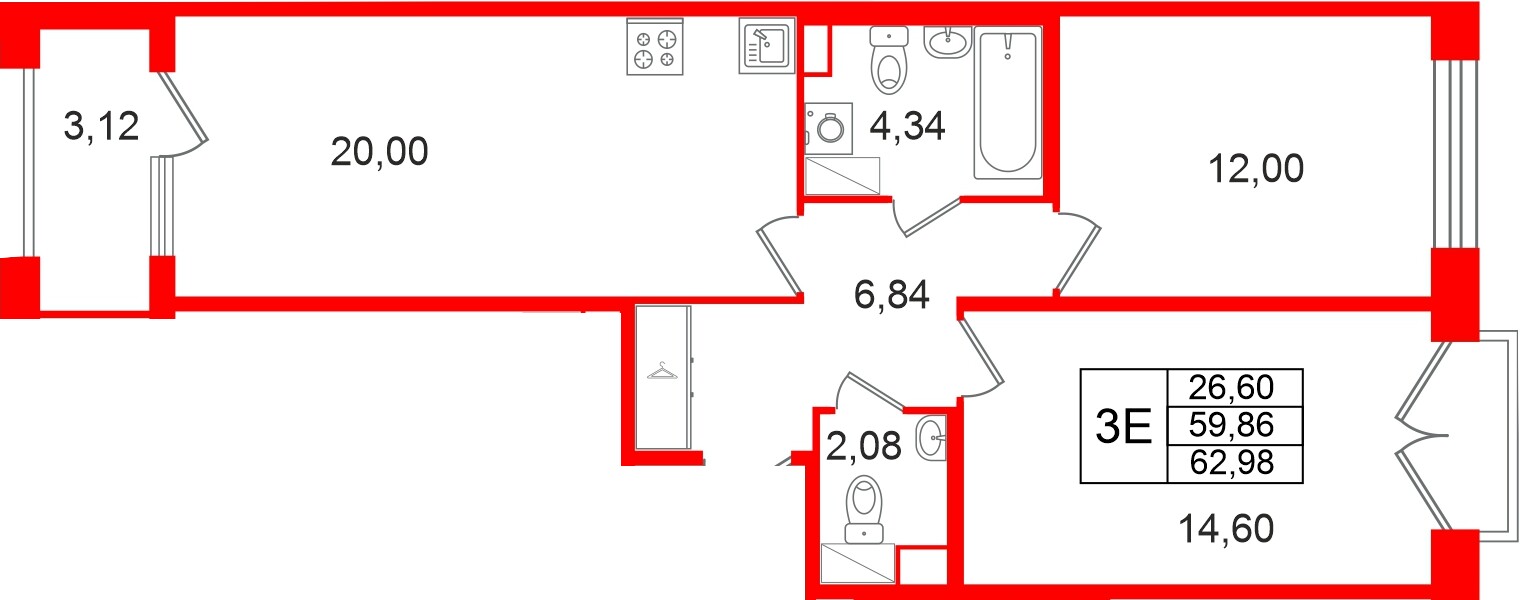 Квартира в ЖК Дом на Курской, 2 комнатная, 59.86 м², 8 этаж