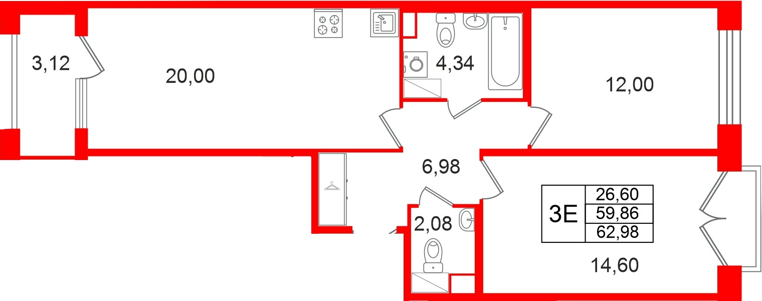 Квартира в ЖК Дом на Курской, 2 комнатная, 59.86 м², 10 этаж