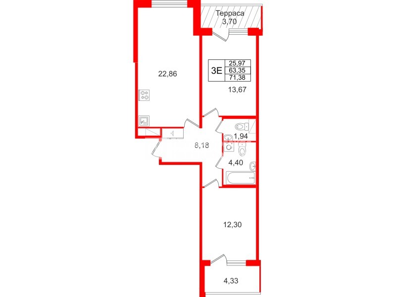 Квартира в ЖК Дом на Курской, 2 комнатная, 63.35 м², 9 этаж