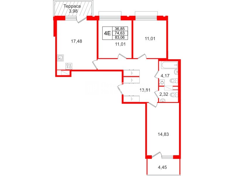 Квартира в ЖК Дом на Курской, 3 комнатная, 74.63 м², 10 этаж