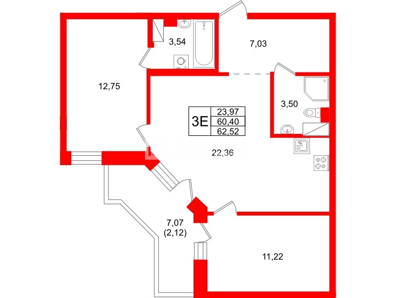 Квартира в ЖК «Город спутник Южный», 2 комнатная, 62.52 м², 6 этаж