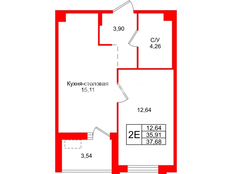 Квартира в ЖК Тишин, 1 комнатная, 37.68 м², 2 этаж