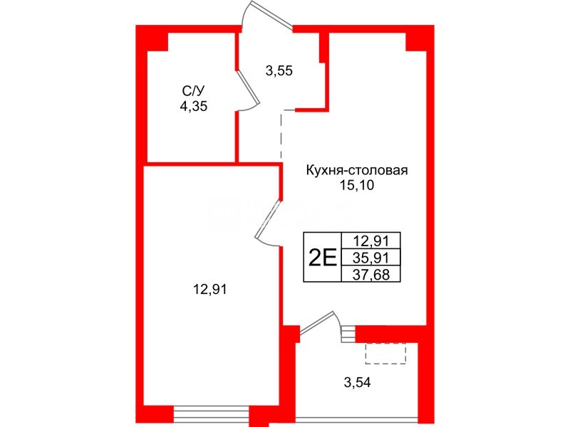 Квартира в ЖК Тишин, 1 комнатная, 37.68 м², 8 этаж