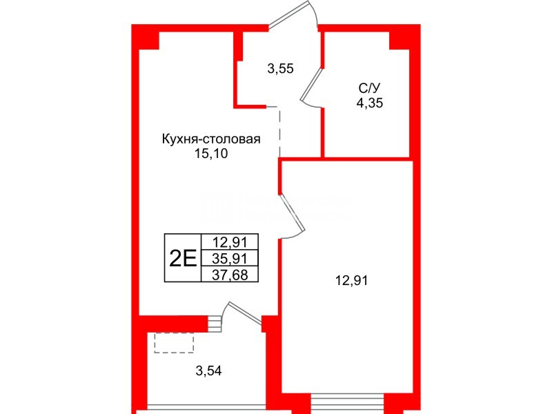 Квартира в ЖК Тишин, 1 комнатная, 37.68 м², 5 этаж