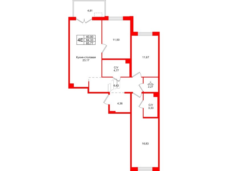 Квартира в ЖК Тишин, 3 комнатная, 85.77 м², 11 этаж