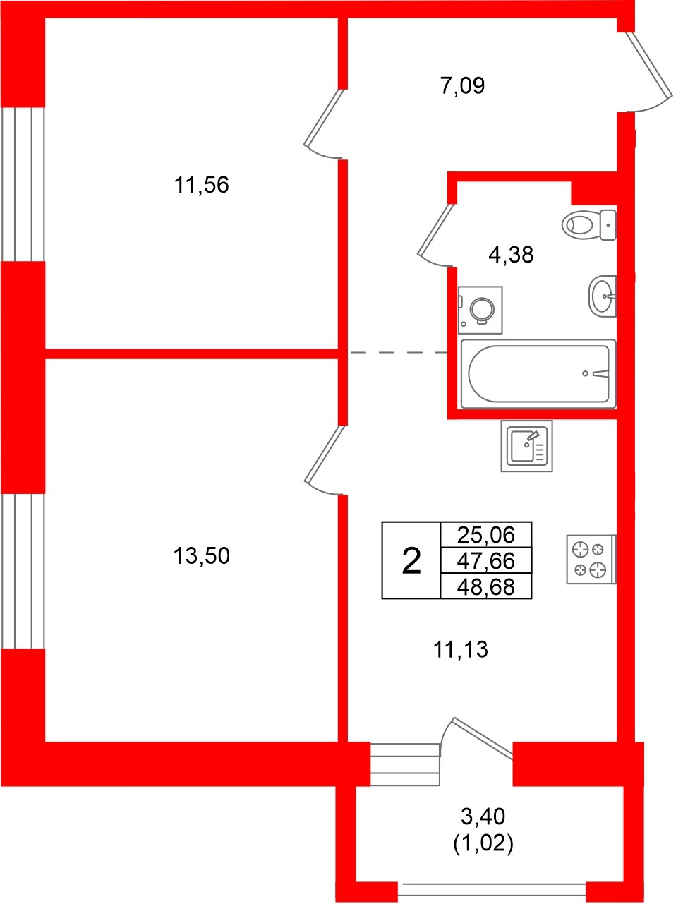 Квартира в ЖК «Город спутник Южный», 2 комнатная, 48.68 м², 2 этаж