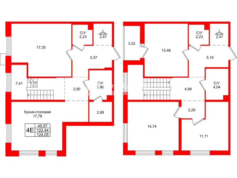 Квартира в ЖК Тишин, 3 комнатная, 124.05 м², 1 этаж