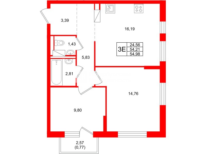 Квартира в ЖК Квартал Торики, 2 комнатная, 54.98 м², 8 этаж