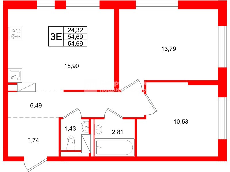 Квартира в ЖК Квартал Торики, 2 комнатная, 54.69 м², 8 этаж