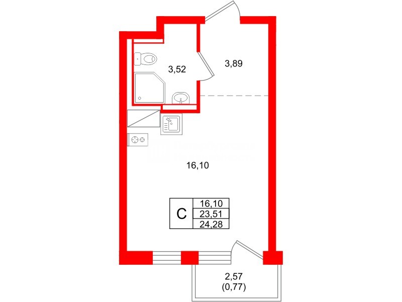 Квартира в ЖК Квартал Торики, студия, 24.28 м², 4 этаж