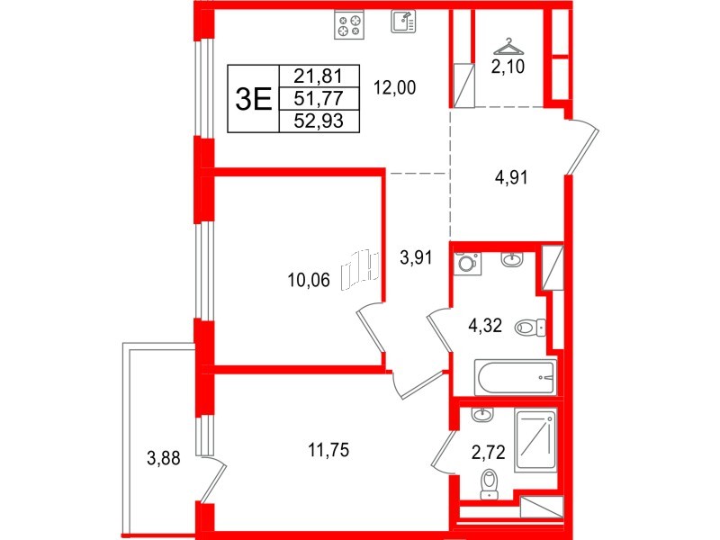 Квартира в ЖК 'OKLA', 2 комнатная, 52.93 м², 5 этаж