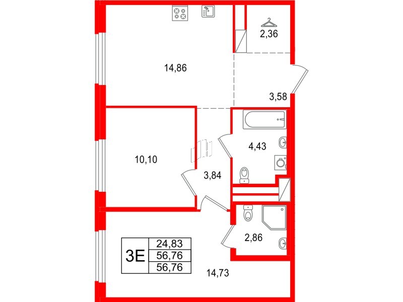 Квартира в ЖК 'OKLA', 2 комнатная, 56.76 м², 1 этаж