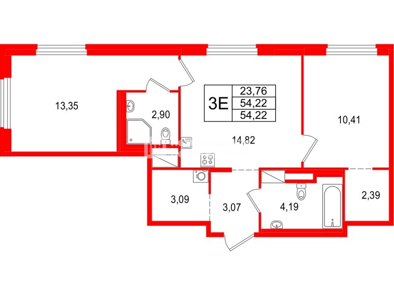 Квартира в ЖК 'OKLA', 2 комнатная, 54.22 м², 1 этаж