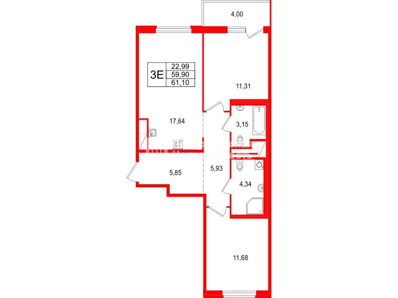 Квартира в ЖК 'OKLA', 2 комнатная, 61.1 м², 6 этаж