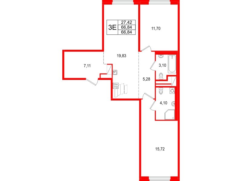 Квартира в ЖК 'OKLA', 2 комнатная, 66.84 м², 1 этаж