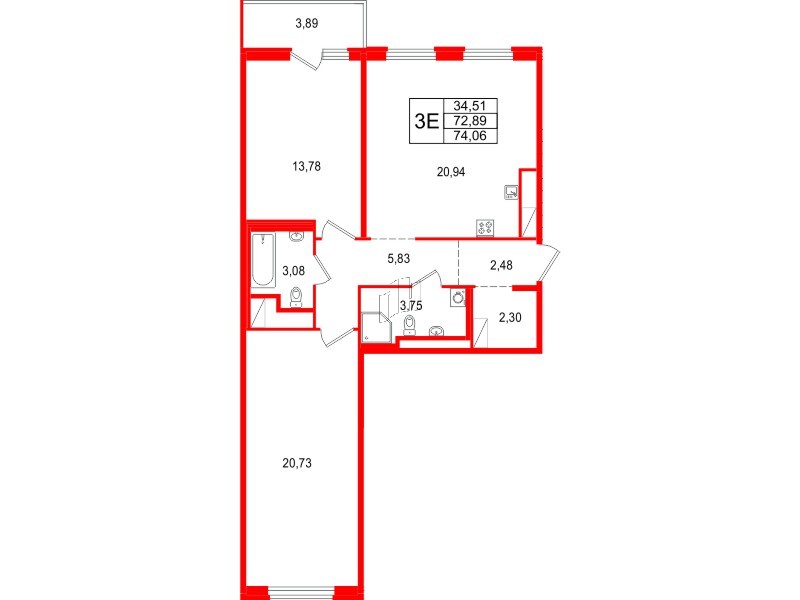 Квартира в ЖК 'OKLA', 2 комнатная, 74.06 м², 2 этаж