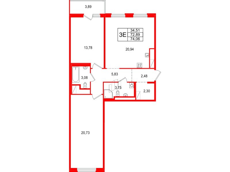 Квартира в ЖК 'OKLA', 2 комнатная, 74.06 м², 7 этаж
