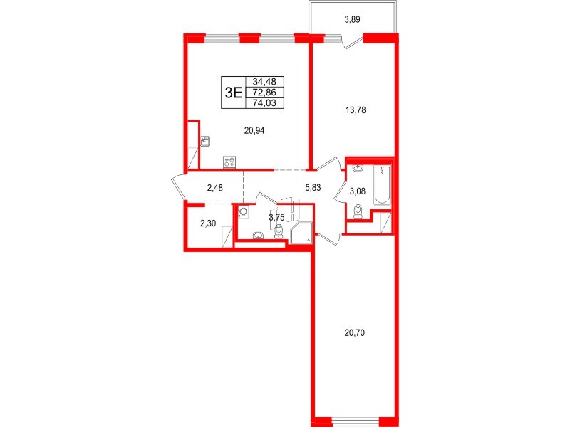 Квартира в ЖК 'OKLA', 2 комнатная, 74.03 м², 3 этаж