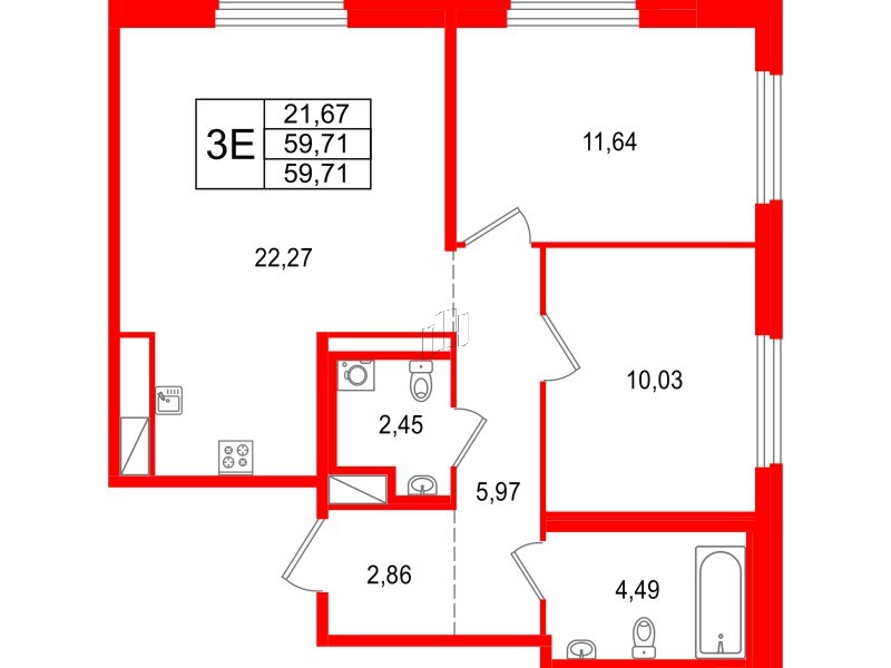 Квартира в ЖК 'OKLA', 2 комнатная, 59.71 м², 1 этаж