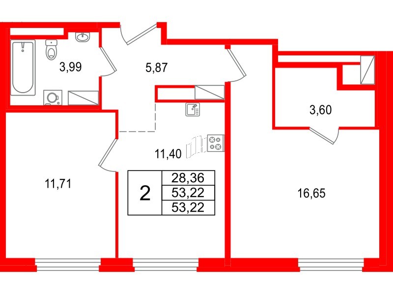 Квартира в ЖК 'OKLA', 2 комнатная, 53.22 м², 1 этаж