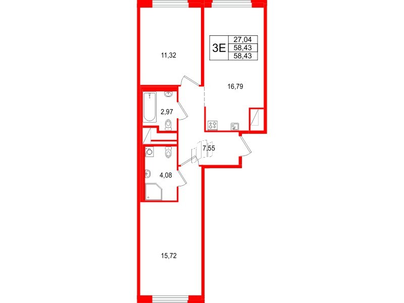 Квартира в ЖК 'OKLA', 2 комнатная, 58.43 м², 1 этаж
