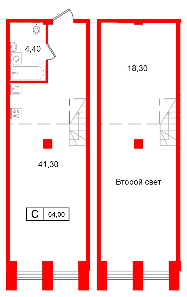 Апартаменты в ЖК Апарт-отель ФОМИН, студия, 64 м², 2 этаж