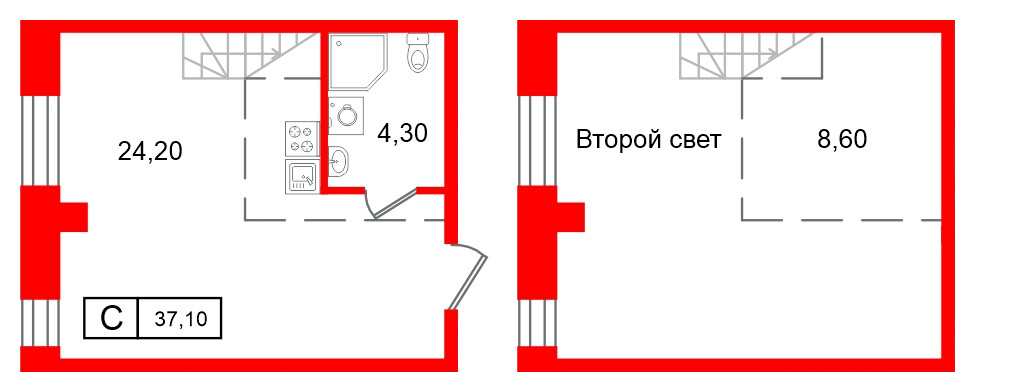 Апартаменты в ЖК Апарт-отель ФОМИН, студия, 37.1 м², 2 этаж