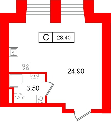 Планировка — Студия квартира, 28,4 м² в ЖК «Апарт-отель ФОМИН»