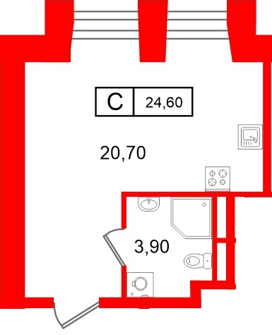 Планировка — Студия квартира, 24,6 м² в ЖК «Апарт-отель ФОМИН»