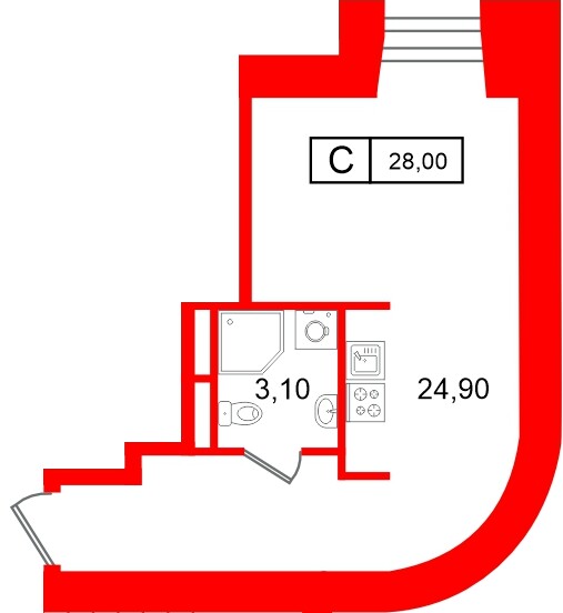 Планировка — Студия квартира, 28,0 м² в ЖК «Апарт-отель ФОМИН»