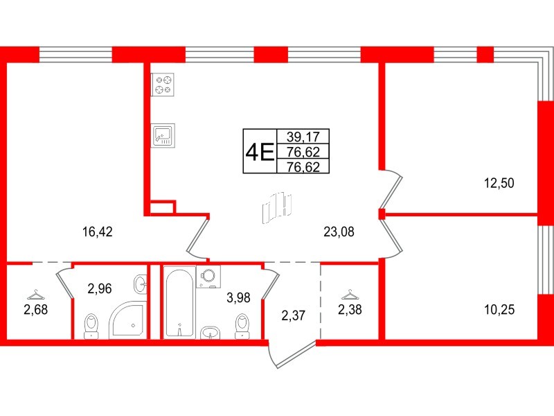 Квартира в ЖК Арт Парк, 3 комнатная, 76.62 м², 1 этаж
