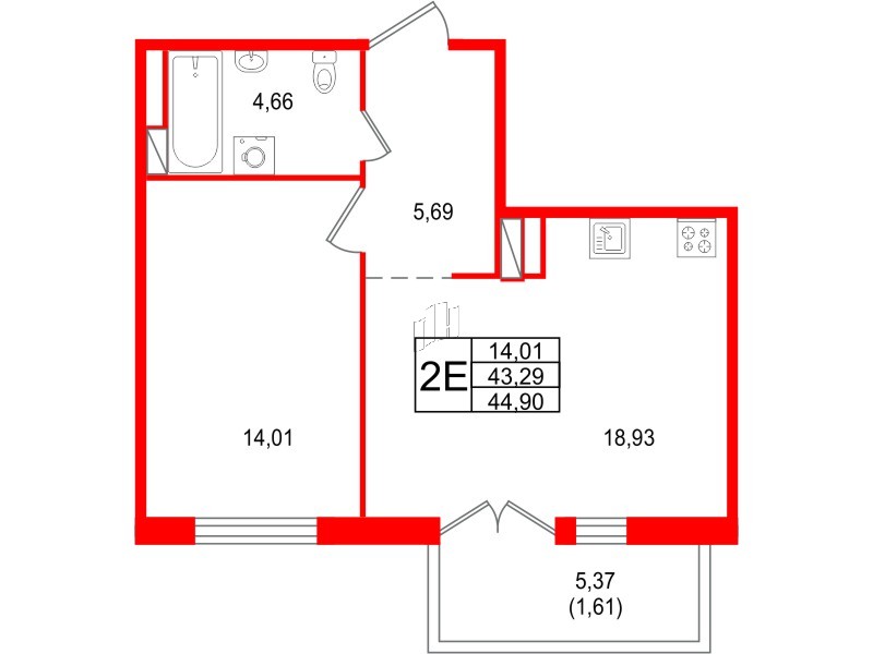 Квартира в ЖК Арт Парк, 1 комнатная, 44.9 м², 7 этаж