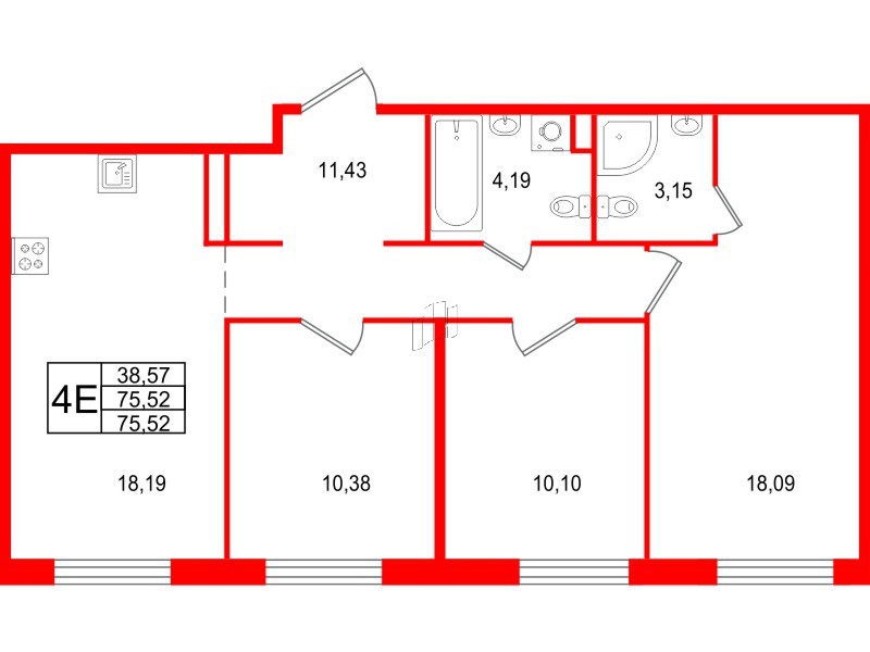 Квартира в ЖК Арт Парк, 3 комнатная, 75.52 м², 1 этаж
