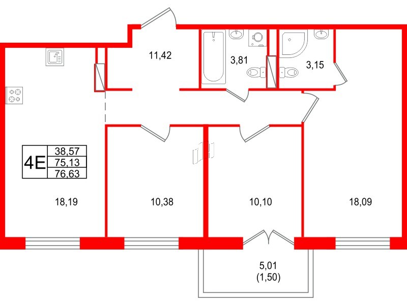 Квартира в ЖК Арт Парк, 3 комнатная, 76.63 м², 5 этаж