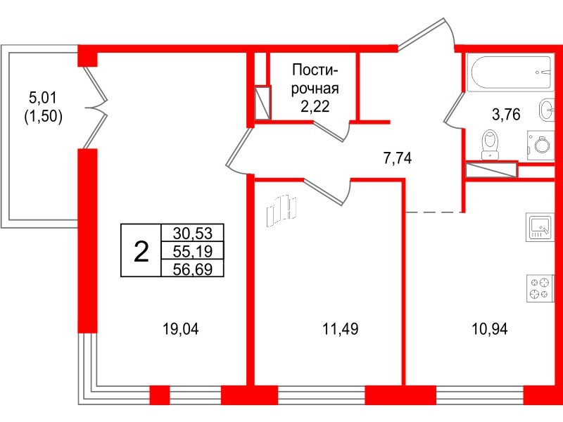 Квартира в ЖК Арт Парк, 2 комнатная, 56.69 м², 4 этаж