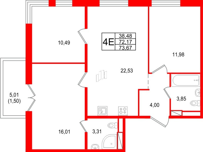 Квартира в ЖК Арт Парк, 3 комнатная, 73.67 м², 5 этаж