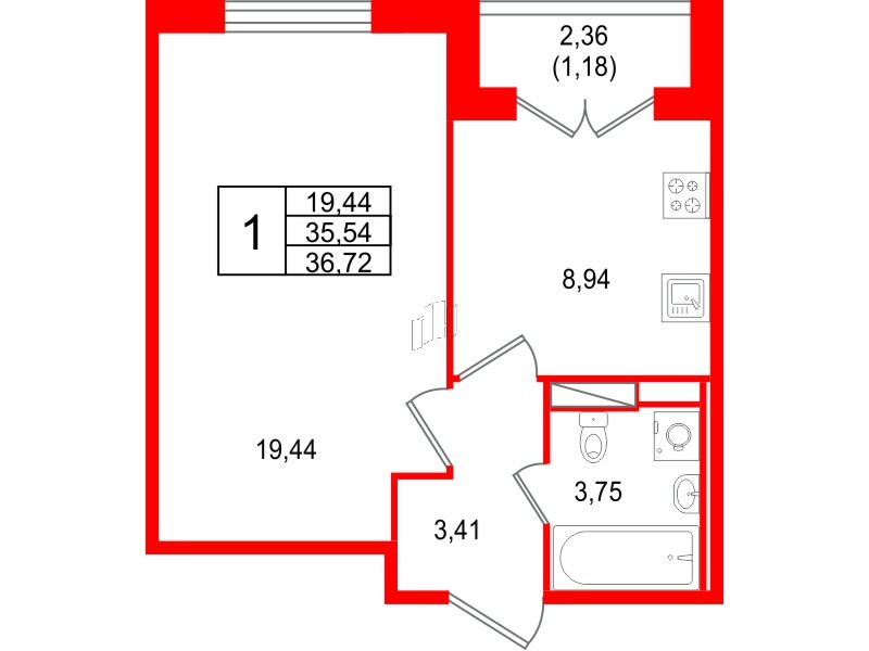 Квартира в ЖК Арт Парк, 1 комнатная, 36.72 м², 8 этаж