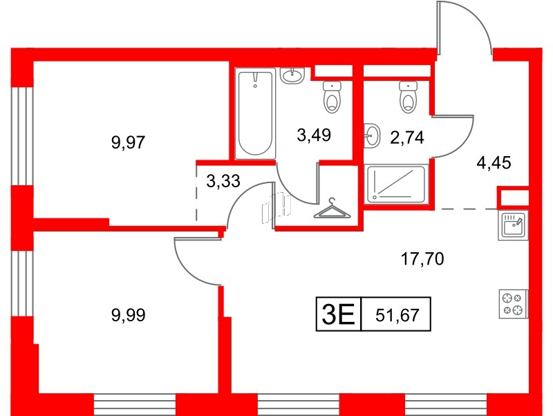 Квартира в ЖК Заречный парк, 2 комнатная, 51.67 м², 1 этаж