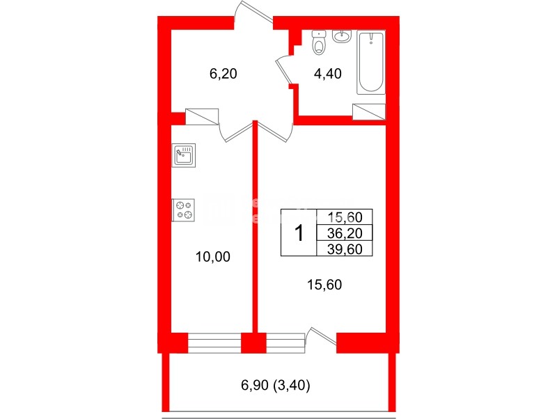 Квартира в ЖК Экос, 1 комнатная, 38.95 м², 15 этаж