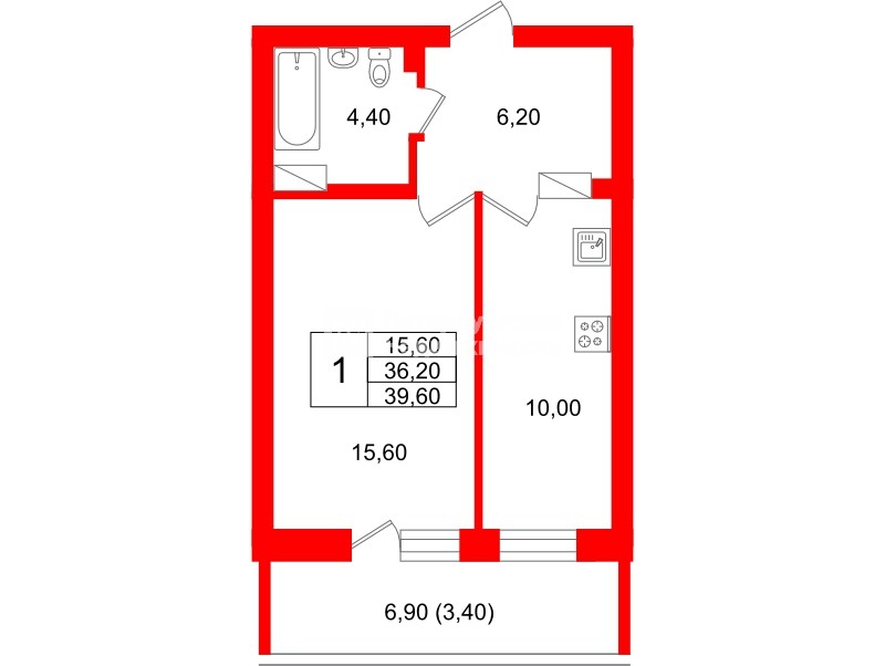 Квартира в ЖК Экос, 1 комнатная, 39.1 м², 3 этаж