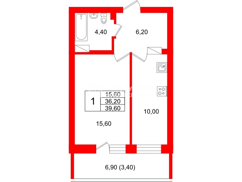 Квартира в ЖК Экос, 1 комнатная, 39.1 м², 17 этаж