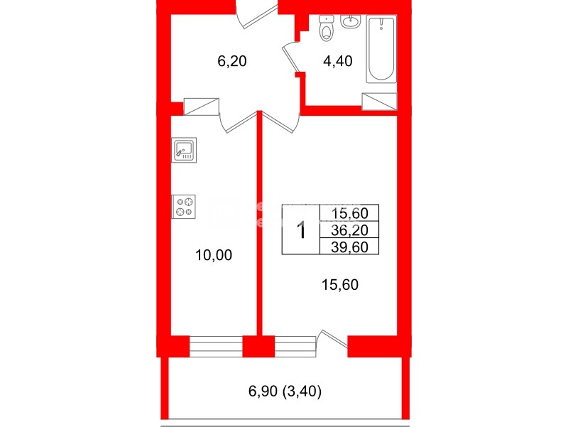 Квартира в ЖК Экос, 1 комнатная, 39.05 м², 5 этаж