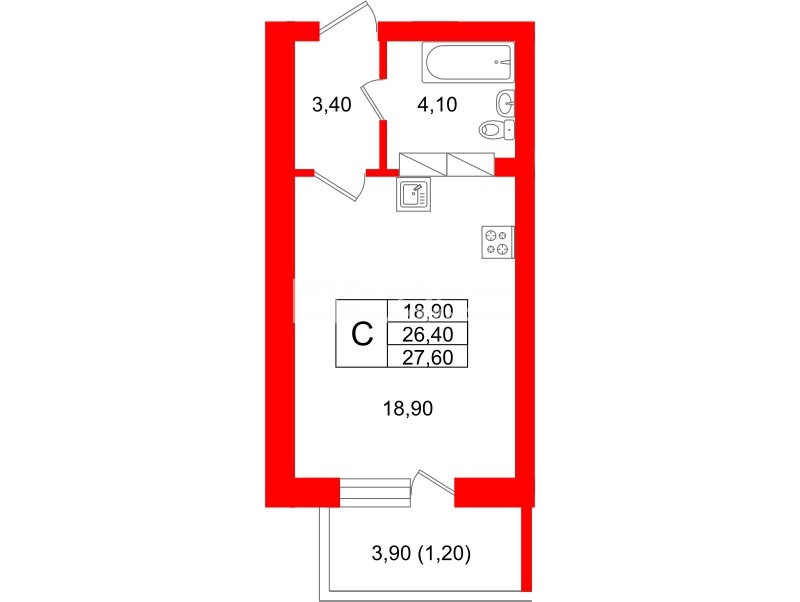 Квартира в ЖК Экос, студия, 28.55 м², 17 этаж