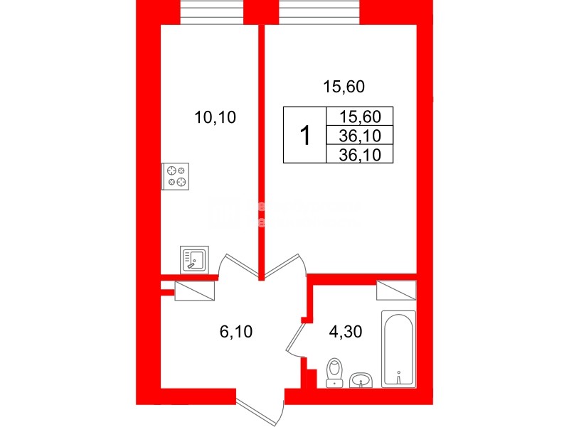 Квартира в ЖК Экос, 1 комнатная, 35 м², 1 этаж