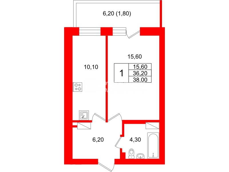 Квартира в ЖК Экос, 1 комнатная, 38.9 м², 10 этаж
