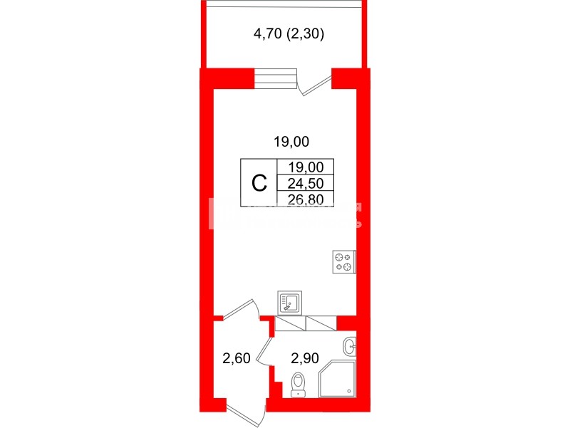 Квартира в ЖК Экос, студия, 26.45 м², 13 этаж